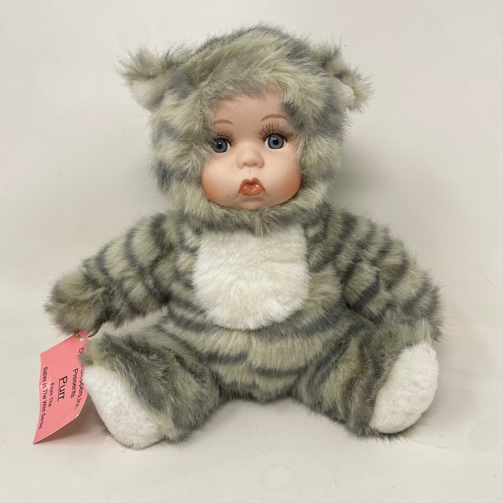 Show-Stoppers Purr Porcelain Doll Babes In The Wild Series Grey Tiger Cat Plush